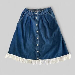 Vintage A-Line Gathered Ruffled Button Down Midi Denim Skirt 10 Cottagecore boho